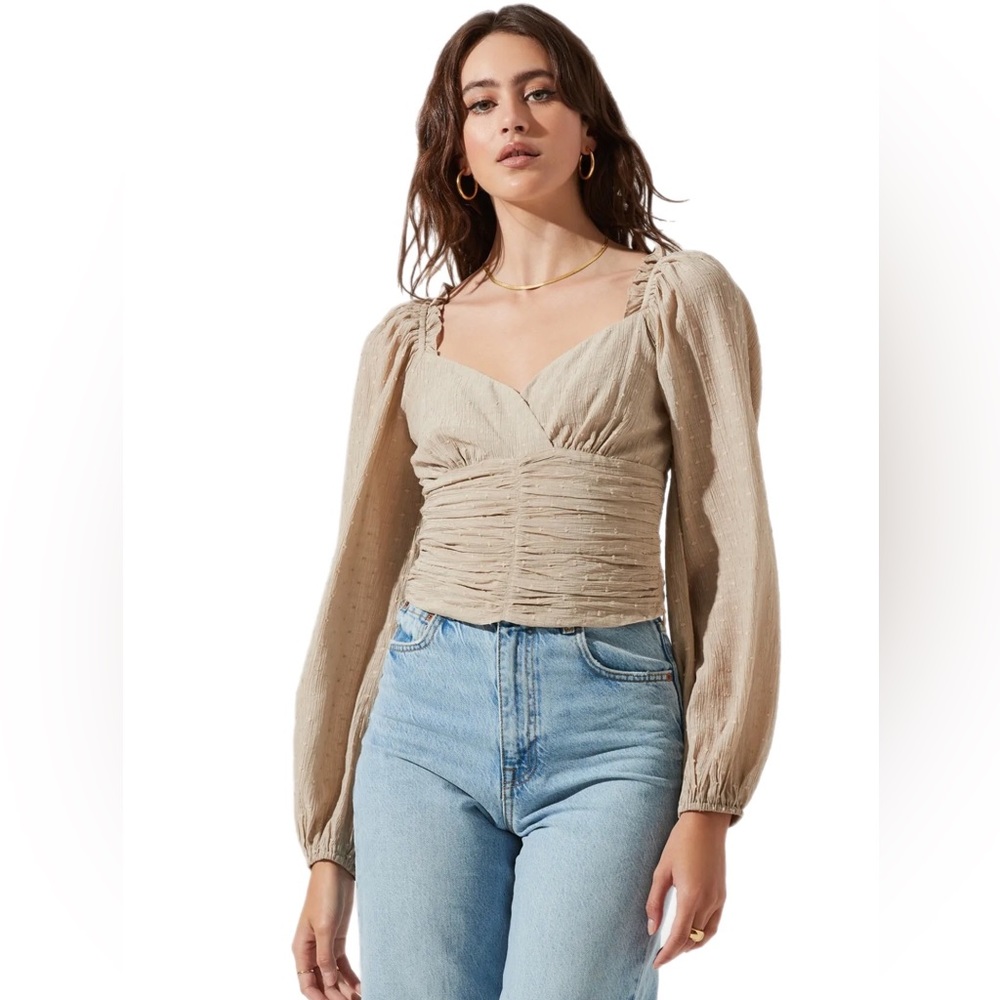 ASTR Taupe Swiss Dot Puff Sleeve Top